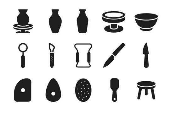 Pottery tool icons collection featuring various shapes and implements