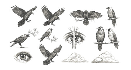Obraz premium Hand-drawn crows, eyes, and clouds set in vintage style