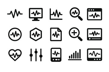 Set of black medical icons displaying health monitoring and analysis symbols