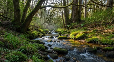 Obraz premium Tranquil Forest Stream for Nature Photography and Relaxation