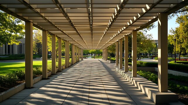 An old wooden walkway with a covered roof leads through an interior corridor of a railway station building in a city urban structure