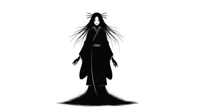 Creepy Japanese Ghost Woman Yurei in Black Kimono with Long Spiky Hair and Ornate Hairpins, Dark Silhouette Vector Art, isolated on white background