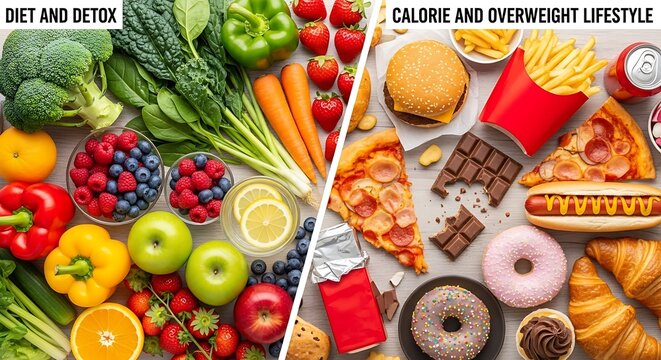 Healthy eating versus unhealthy junk food choices lifestyle comparison - Powered by Adobe