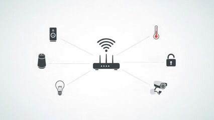 Smart home network hub with connected devices such as speaker, light bulb, camera, and thermostat for home automation and internet of things concept.