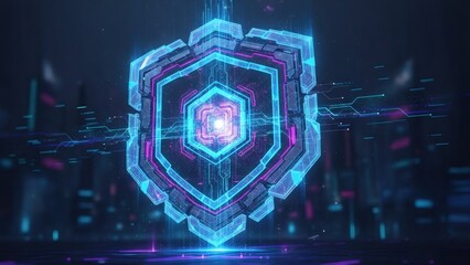 Glowing digital shield with circuit patterns. Cyber security and data protection concept. Futuristic technology for internet safety.