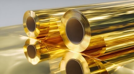 Naklejka premium Rolls of highly reflective metallic material create bright golden sheen on a smooth surface