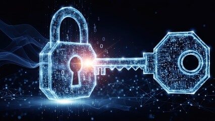 Digital padlock with key, made of circuit board lines and binary code. Cybersecurity and data protection concept for internet security.