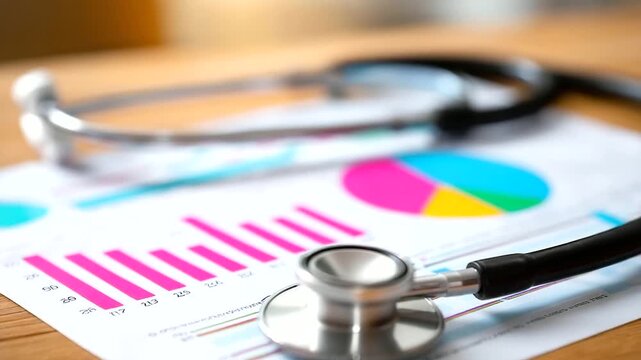 Stethoscope on graphs charts showing defocused healthcare data, faceless medical research, statistics visualization detail, blurred analysis background, public health concept, prev