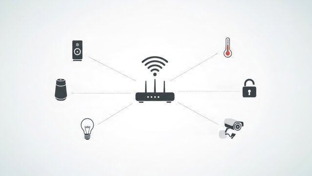 Smart home network hub with connected devices such as speaker, light bulb, camera, and thermostat for home automation and internet of things concept.