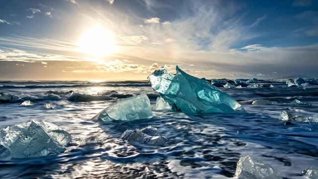 Diamond Beach Icebergs: Glacial Ice Washed Ashore in Iceland at Sunset