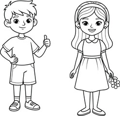 Black and white coloring page of happy boy and girl standing, smiling children, thumbs up boy, girl holding flower, kids illustration.