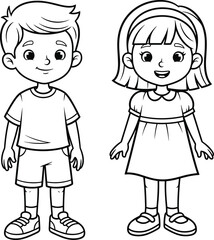 Black and white coloring page of smiling boy and girl standing, kids illustration, children wearing casual clothes, happy cartoon characters.