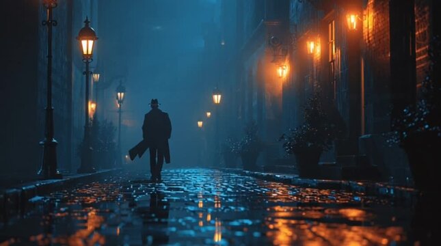 Cinematic shot of a man walking away down a wet cobblestone street lined with gas lamps at night in a European city.