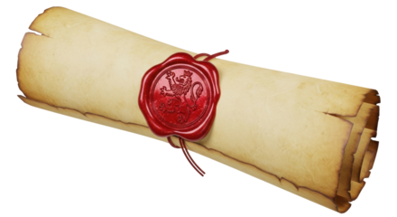 Old parchment scroll with red wax seal isolated PNG, vintage paper document with royal lion emblem for medieval fantasy design