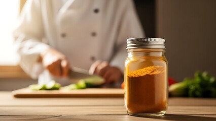 Chef Preparing Vegetables in Kitchen with Spices in Glass Jar for Cooking