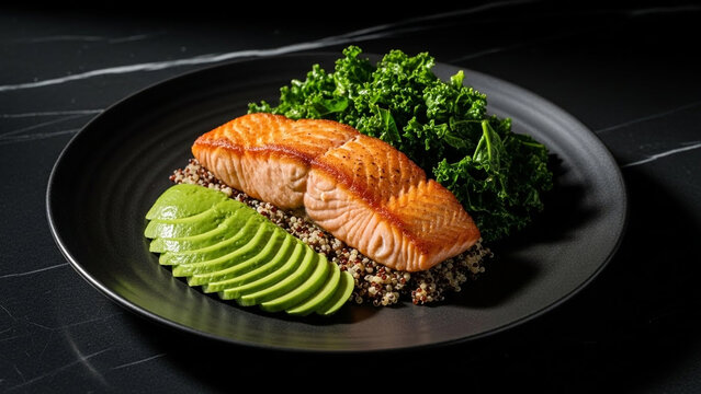 Perfectly Pan-Seared Salmon Fillet Served with Sliced Avocado, Fresh Steamed Kale, and Wholesome Grains on a Modern Dark Plate, Emphasizing a Healthy and Balanced Meal