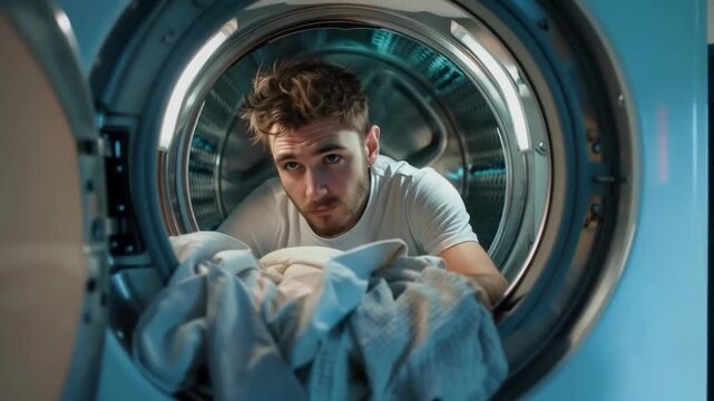 A man takes laundry out of the washing machine, demonstrating everyday routine — the perfect atmospheric backdrop for advertising household appliances.
