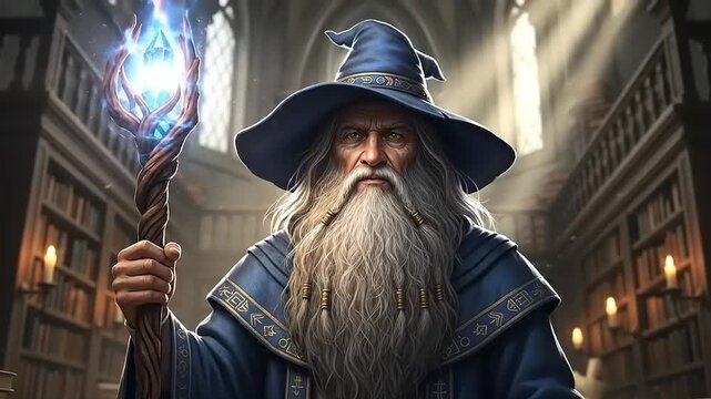 Powerful Elderly Wizard Holding a Glowing Magical Staff in an Ancient Library.