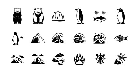 Obraz premium Minimalist arctic wildlife and nature icons featuring bears, penguins, and snowflakes