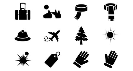 Fototapeta premium Winter travel essentials: silhouette icons of luggage, nature, and accessories