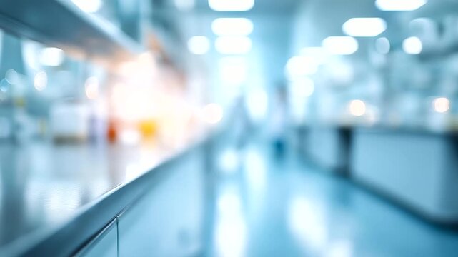 Modern medical research facility with defocused advanced technology, faceless laboratory space, display visualization detail, blurred equipment background, innovation concept, rese