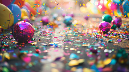 close-up of colorful confetti, disco balls, and balloons scattered on the street after a carnival parade
