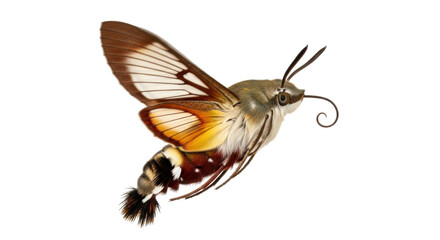Hummingbird hawk-moth flying isolated PNG on transparent background, Hemaris tityus moth with brown and yellow wings, insect © Nolan