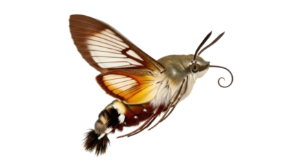 Hummingbird hawk-moth flying isolated PNG on transparent background, Hemaris tityus moth with brown and yellow wings, insect