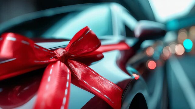 A close-up view of a luxury car decorated with a bright red bow, symbolizing a new car purchase, gift, or holiday surprise
