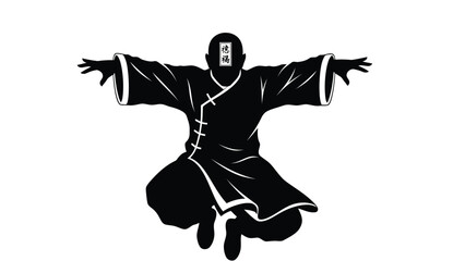 Fototapeta premium Black Silhouette of Shaolin Monk in Kung Fu Stance with Chinese Characters for Virtue and Fortune on Forehead, Vector Art Sticker Design, isolated on white background