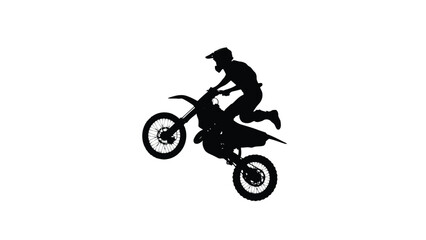 Obraz premium Motocross rider silhouette performing a mid-air jump trick on a dirt bike, extreme sports action graphic, flat vector sticker design, isolated on white background