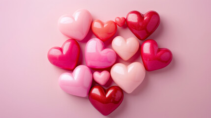 Obraz premium mixed glossy pink and red hearts arranged in a large heart shape on pastel background