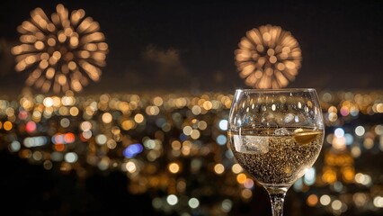 Fireworks display over a city skyline at night with a glass of sparkling wine in the foreground for celebration and festivities.