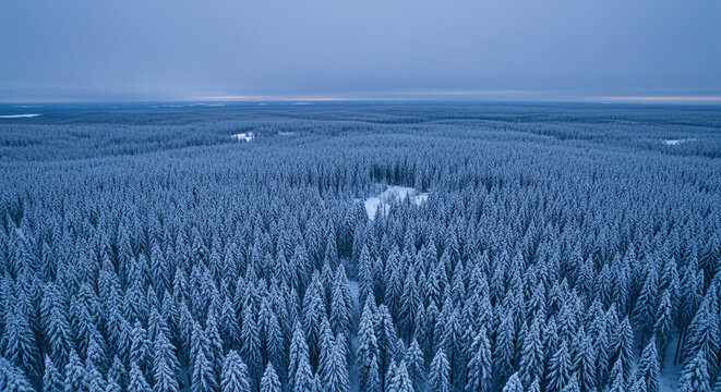 Aerial view of a dense conifer forest covered in snow, evoking winter, tranquility, and the vastness of nature during the cold season