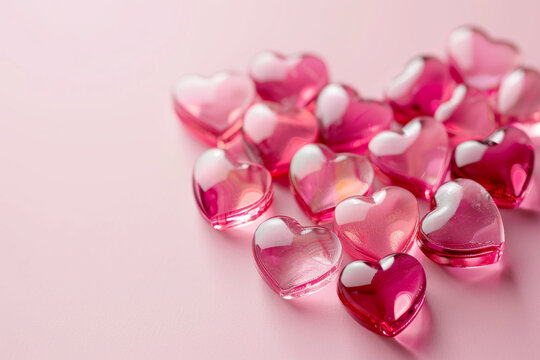 glossy glass hearts in pink and red on soft pastel background with copy space