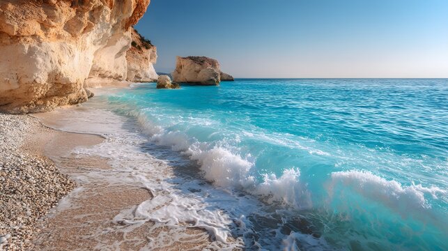 Clear turquoise ocean wave crashes onto a secluded pebble beach next to towering light colored cliffs