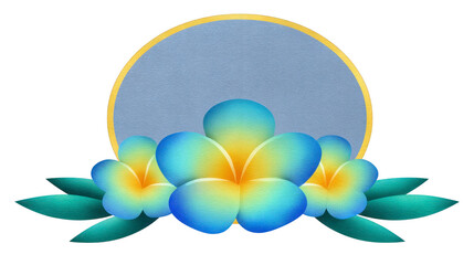 Plumeria flower tropical blue yellow round frame leaf green decorative Plumeria flower arrangement with blue and yellow petals green leaves and round frame creating tropical and decorative design