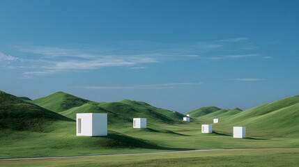Minimalist white cubic structures populate rolling green hills under a clear blue sky