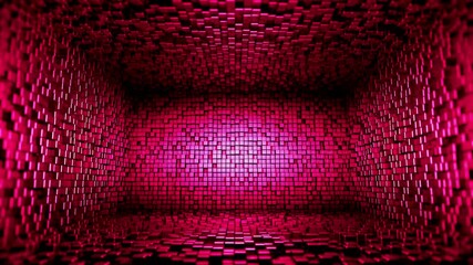Abstract 3D animation of a room made of pink neon cubes moving in a rhythmic wave pattern creating a futuristic digital background tunnel - Powered by Adobe