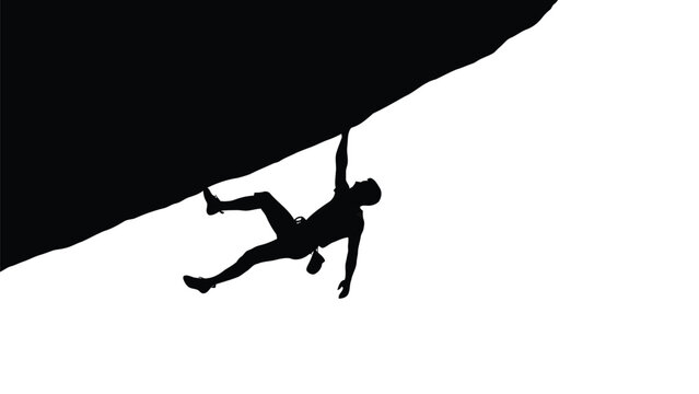 Silhouette of male rock climber hanging from an overhang rock formation, dynamic extreme sport action, minimalist black and white vector art, extreme challenge concept, isolated on white background