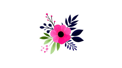 Pink flower with green and blue leaves, botanical illustration, watercolor style, isolated on transparent background, elegant and cheerful floral design for decoration or invitation