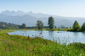 Pitt Meadows, Canada – May 22, 2021. Calm Alouette River Kayaks. Tranquil kayaking trip on the Alouette River in Pitt Meadows. British Columbia, Canada.
