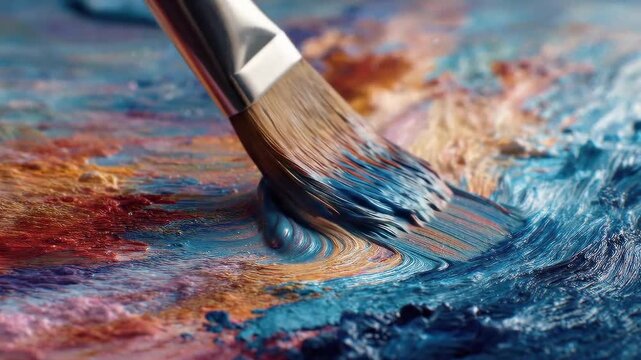 A close-up of a paintbrush swirling vibrant colors on a textured canvas.