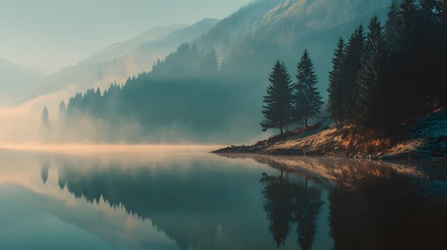 Serene mountain lake reflects dense evergreen forest shrouded in morning mist