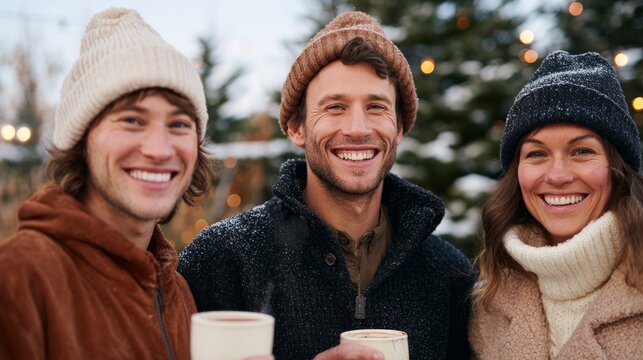 Three people posing for a holiday photo, smiling and holding cups of coffee or hot chocolate, dressed warmly for winter, standing outdoors near trees with snow on the ground.