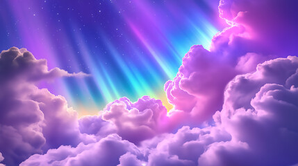 A Serene Evening Under a Purple Sky Illuminated by a Rainbow of Shimmering Pastel Hues, Capturing the Magic of Nature's Aurora