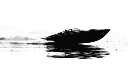 Silhouette of a sleek, fast speedboat with two occupants speeding across water creating a large wake, minimalist vector art, high-speed concept, isolated on white background