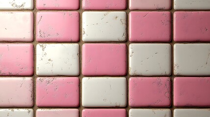 Fototapeta premium Pink and White Square Tiles Background with Distressed Texture for Modern Interiors