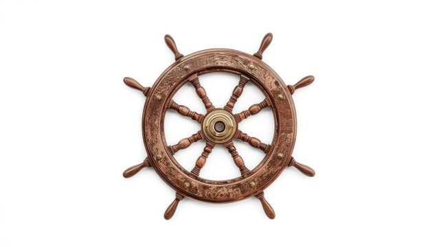 A ship's steering wheel with a wooden and metal finish, featuring multiple handles and a central hub.
