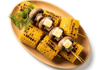 Grilled corn on the cob with mushrooms and butter on skewers